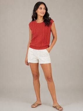 LR1852 dip Womens Medium Rust Red Cable Knit Short Sleeve Sweater Top